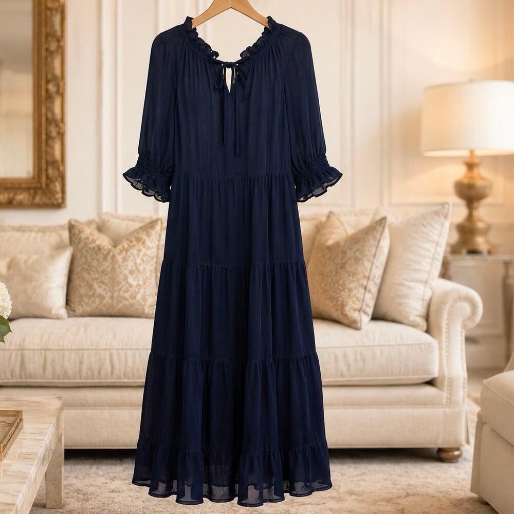 Jade Melody Tam Navy Blue Swiss Dot Peasant Maxi Dress NWT XL Boho Cottagecore